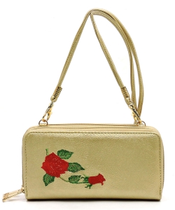 Embroidered Flower Double Zip Around Crossbody Wallet AD040E GOLD